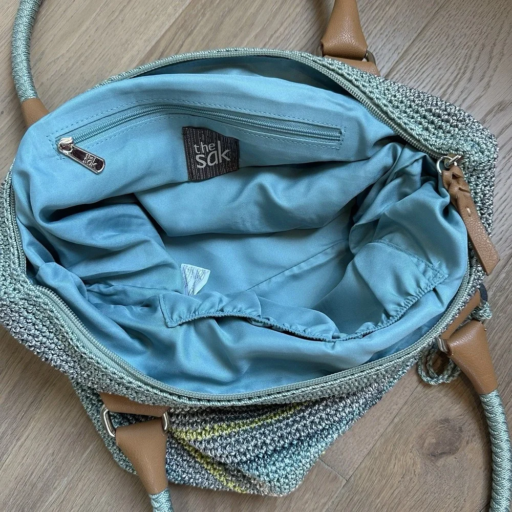 The Sak Cambria Crochet Aqua Stripe Shoulder‎ Bag Purse Double Handle